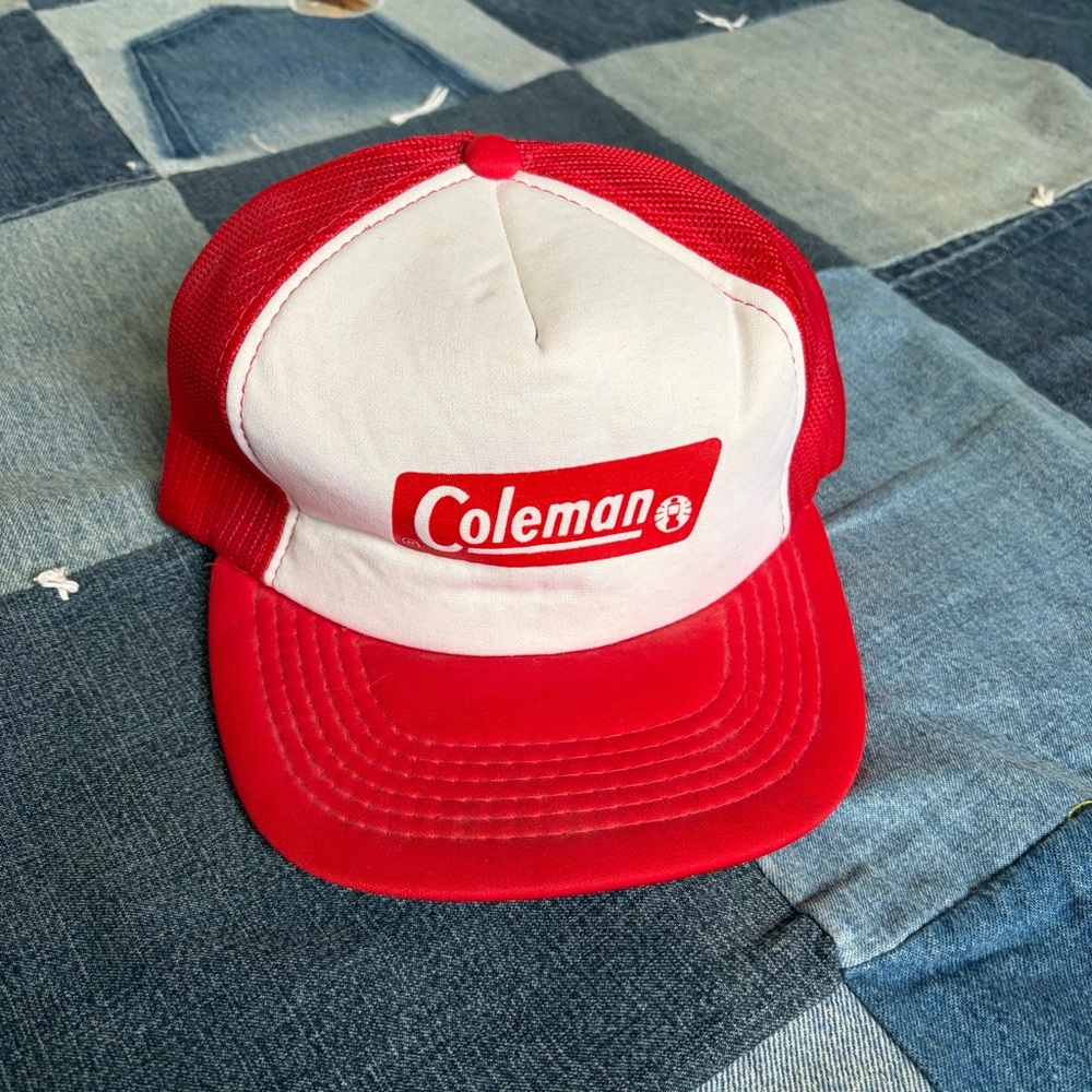 Vintage coleman trucker hat Cap Snap Back Adjustable Red White Mesh Back
